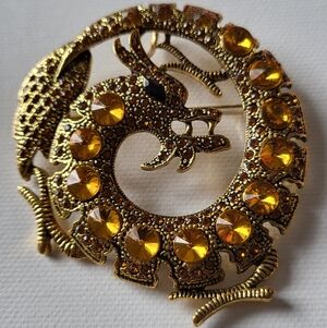 Goldtone Dragon Brooch/Pendant with Yellow Rhinestones